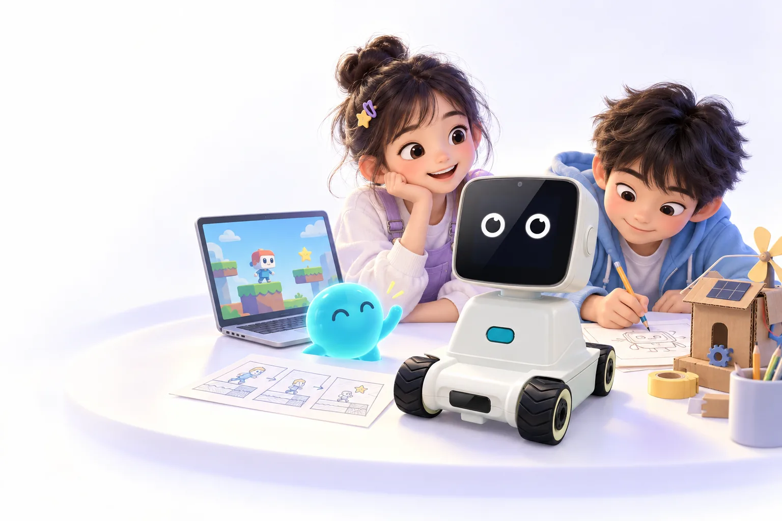 孩子、小博与机器人一起探索 AI 的原创插画