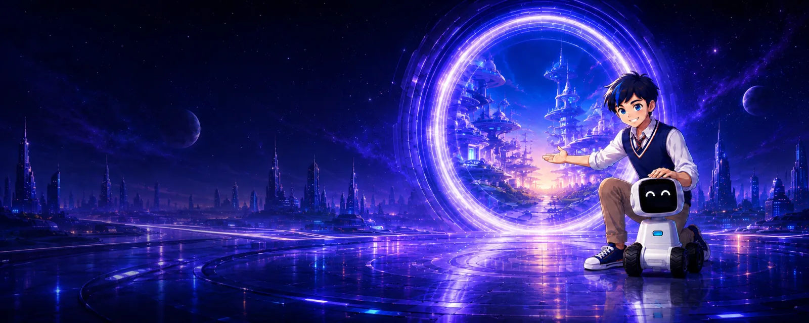 小博与机器人一起探索乐伴智能体世界的原创场景