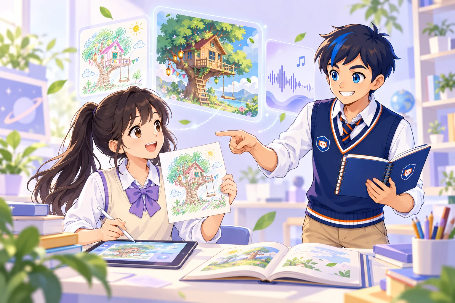 新版小博与孩子把原创绘画变成故事、图像与声音的 AI 体验插画